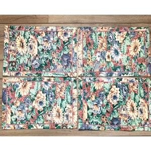 Vintage 90s Set of 4 Pink Green Blue Floral Pleated Fabric Reversible Placemats